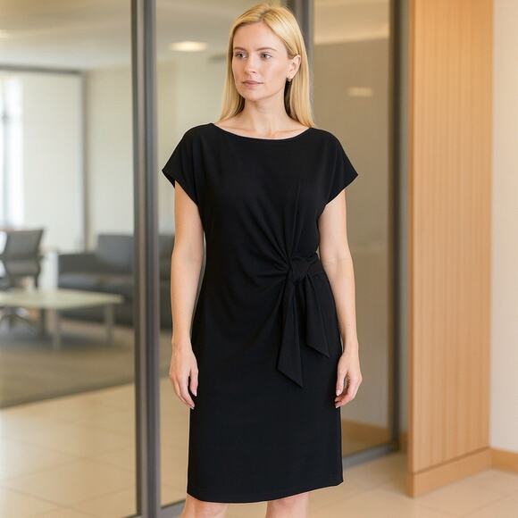 Chico's Dress NWT Women's Size 3 (XL) Midi Black Stretch Dolman Sleeve Side Tie - Picture 1 of 7